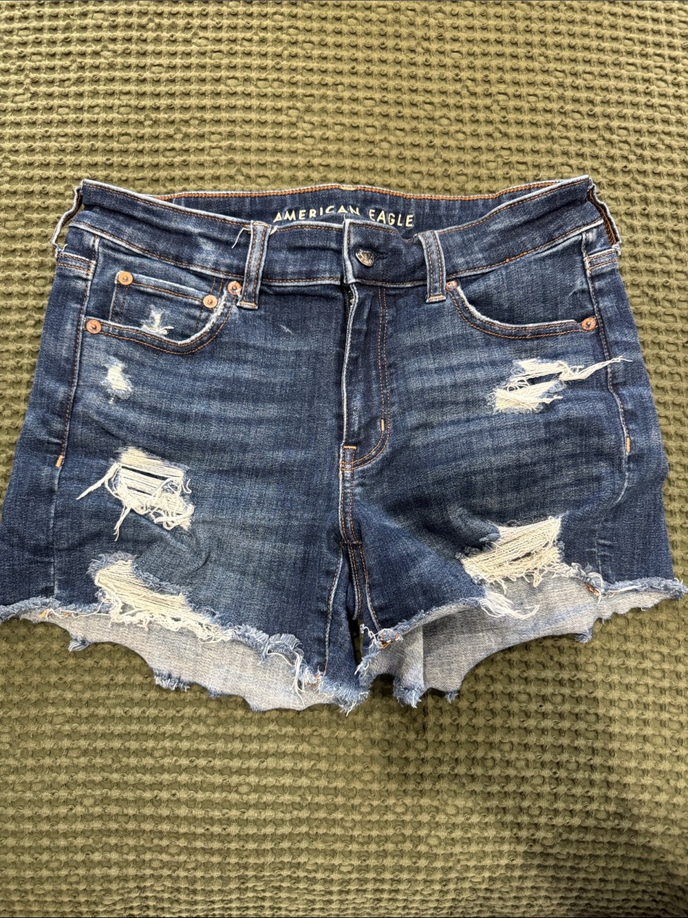 American Eagle Outfitters Dark Blue Distressed High-Rise Jean Shorts
